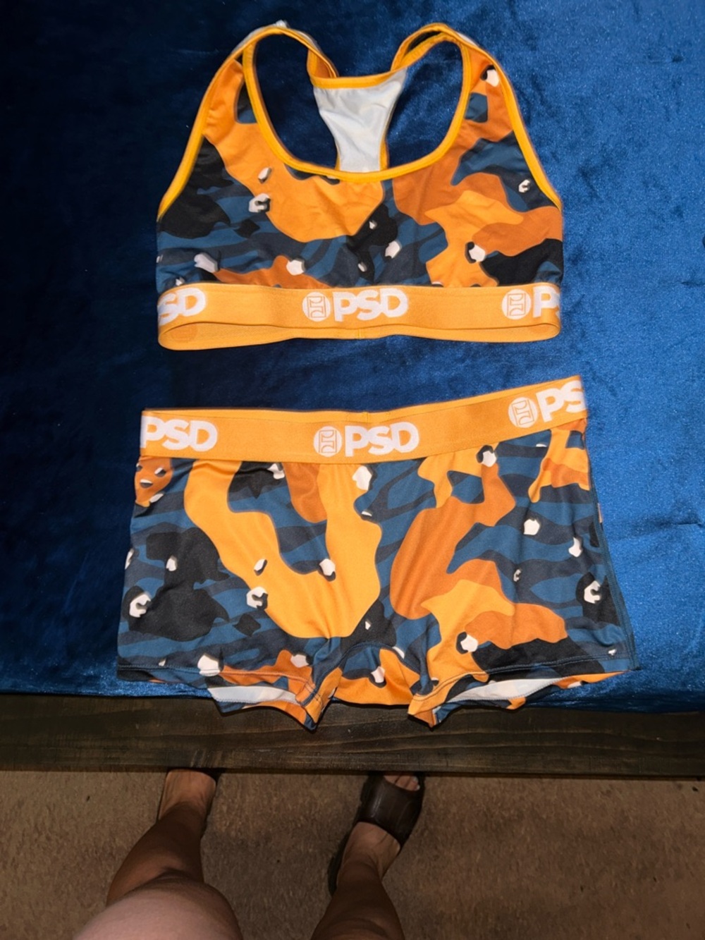 PSD Orange and Blue Camo Sports Bra & Shorts Set